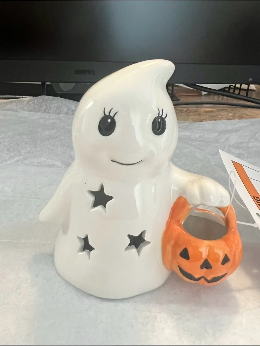 White Ceramic Ghost Figurine with Orange Pumpkin Basket - Home Accents NWT